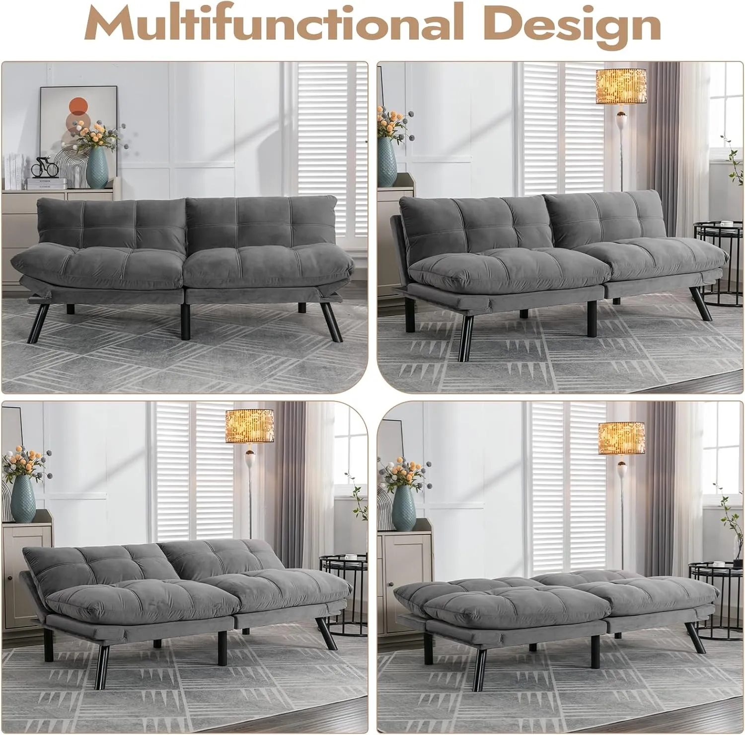 Comfortable Futon Sofa Bed, Memory Foam Loveseat, Convertible Adjustable Sofa Bed CouchSuitable for Office, Home, and Bedroom (Grey)