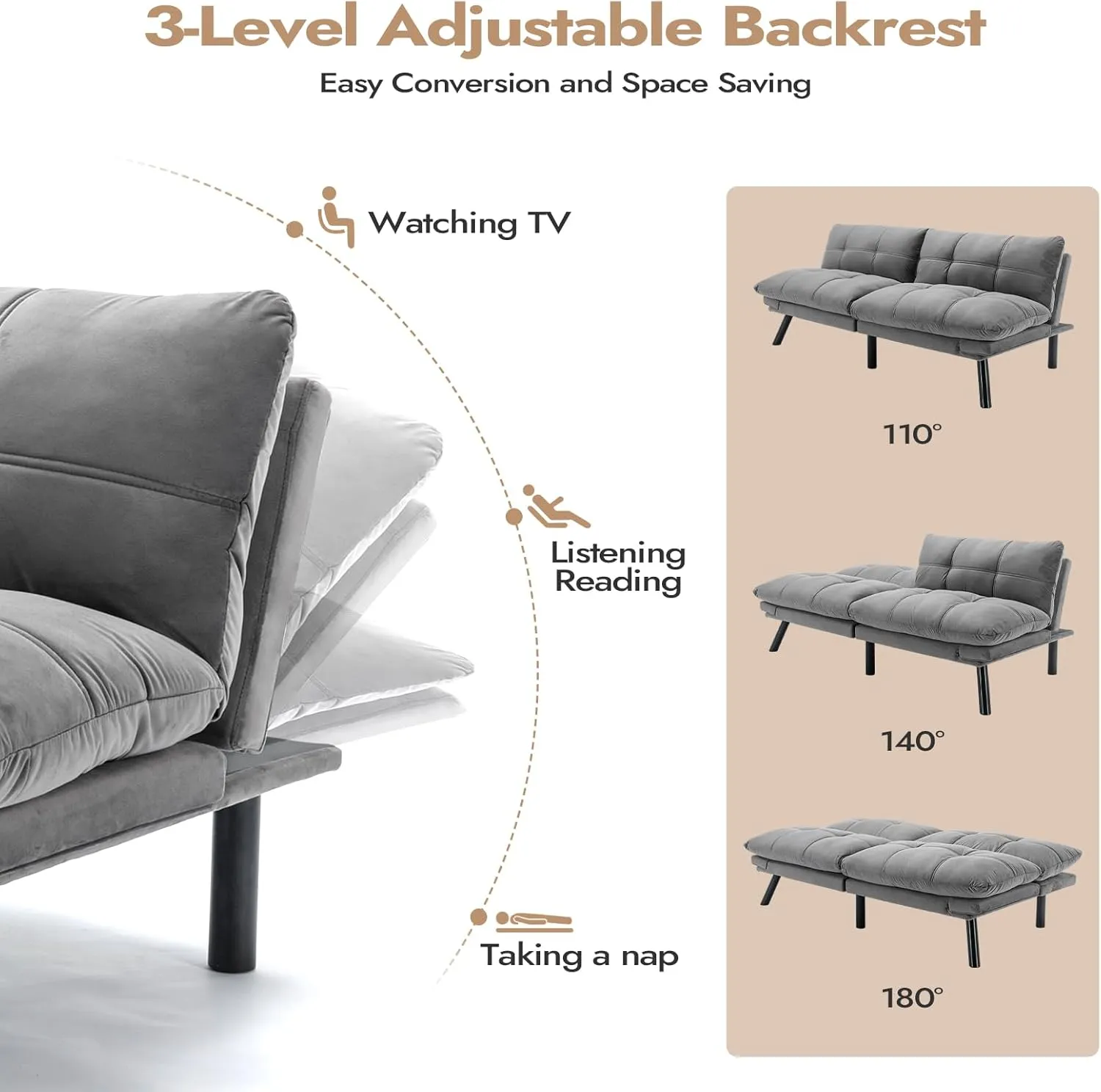 Comfortable Futon Sofa Bed, Memory Foam Loveseat, Convertible Adjustable Sofa Bed CouchSuitable for Office, Home, and Bedroom (Grey)