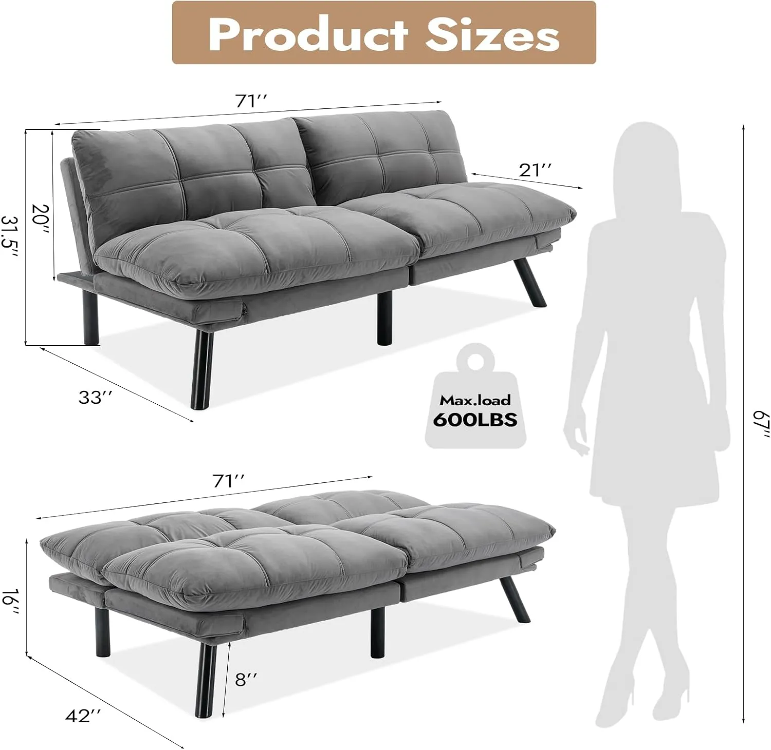 Comfortable Futon Sofa Bed, Memory Foam Loveseat, Convertible Adjustable Sofa Bed CouchSuitable for Office, Home, and Bedroom (Grey)