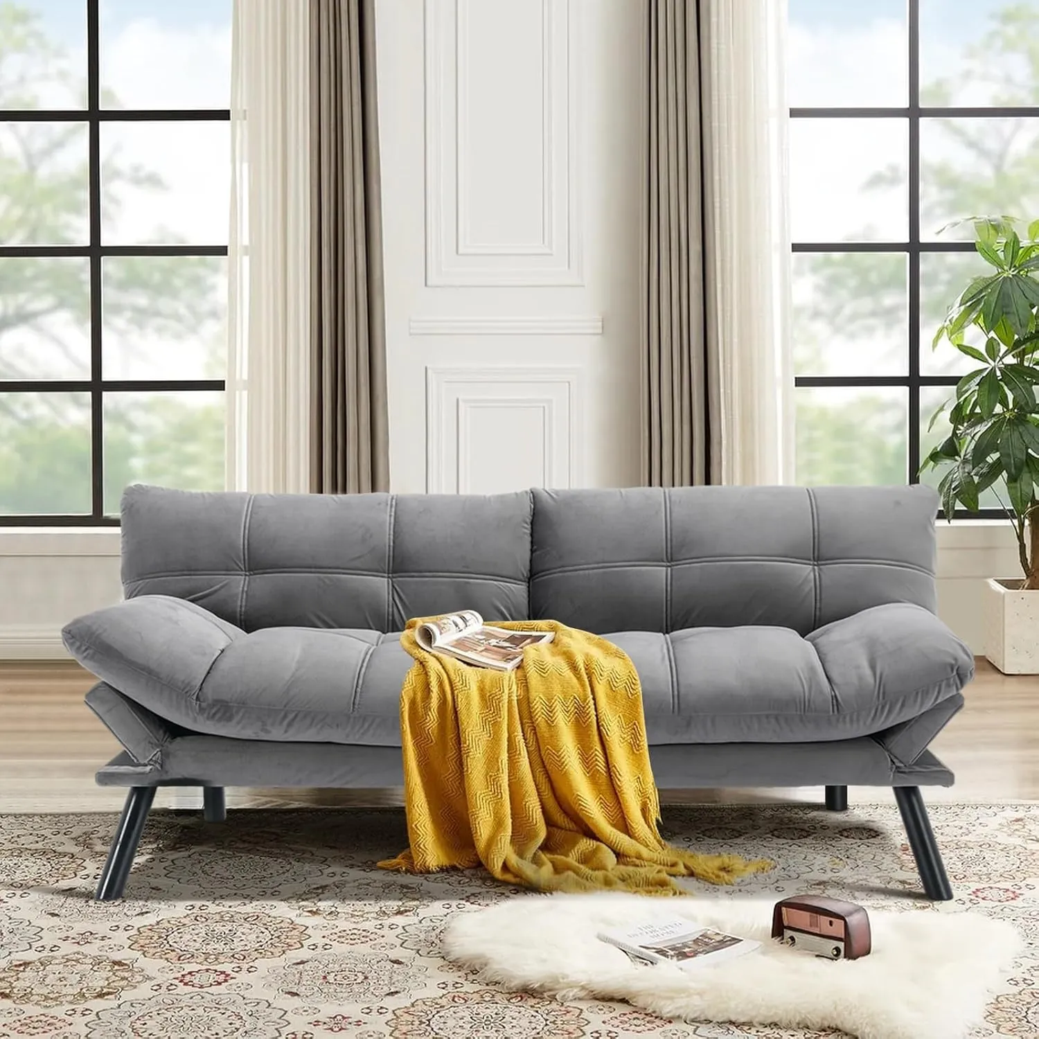 Comfortable Futon Sofa Bed, Memory Foam Loveseat, Convertible Adjustable Sofa Bed CouchSuitable for Office, Home, and Bedroom (Grey)