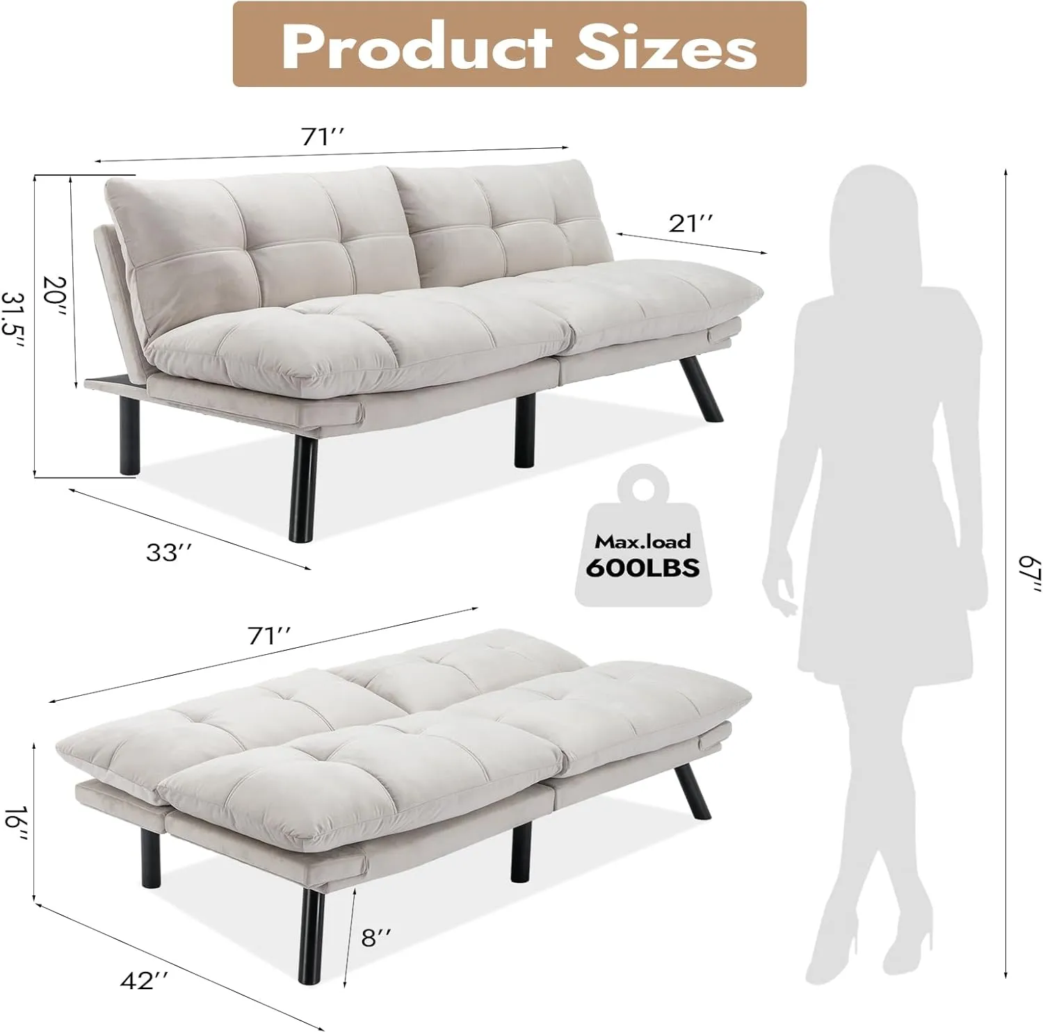 Comfortable Futon Sofa Bed, Memory Foam Loveseat, Convertible Adjustable Sofa Bed CouchSuitable for Office, Home, and Bedroom (White)