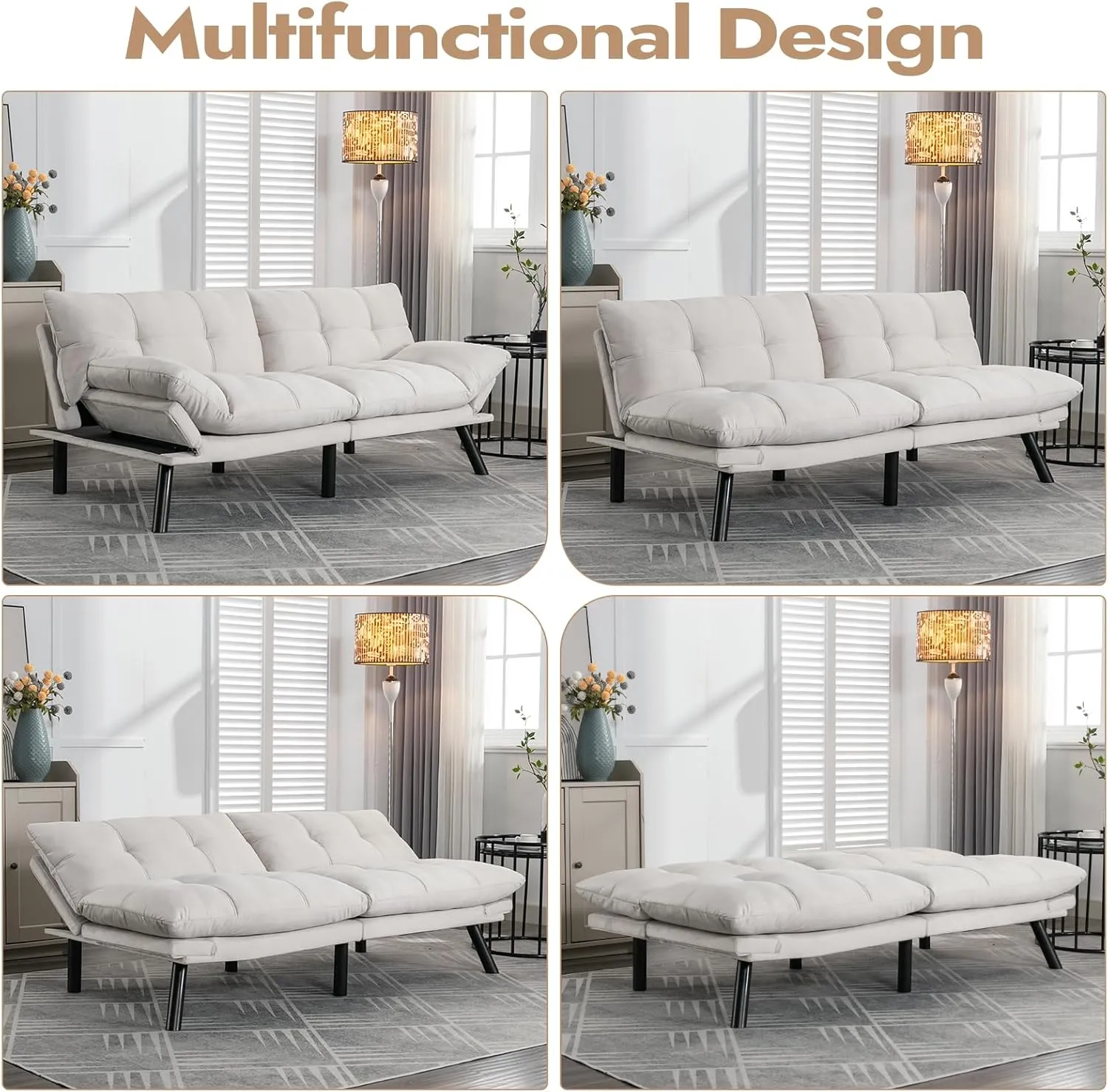 Comfortable Futon Sofa Bed, Memory Foam Loveseat, Convertible Adjustable Sofa Bed CouchSuitable for Office, Home, and Bedroom (White)
