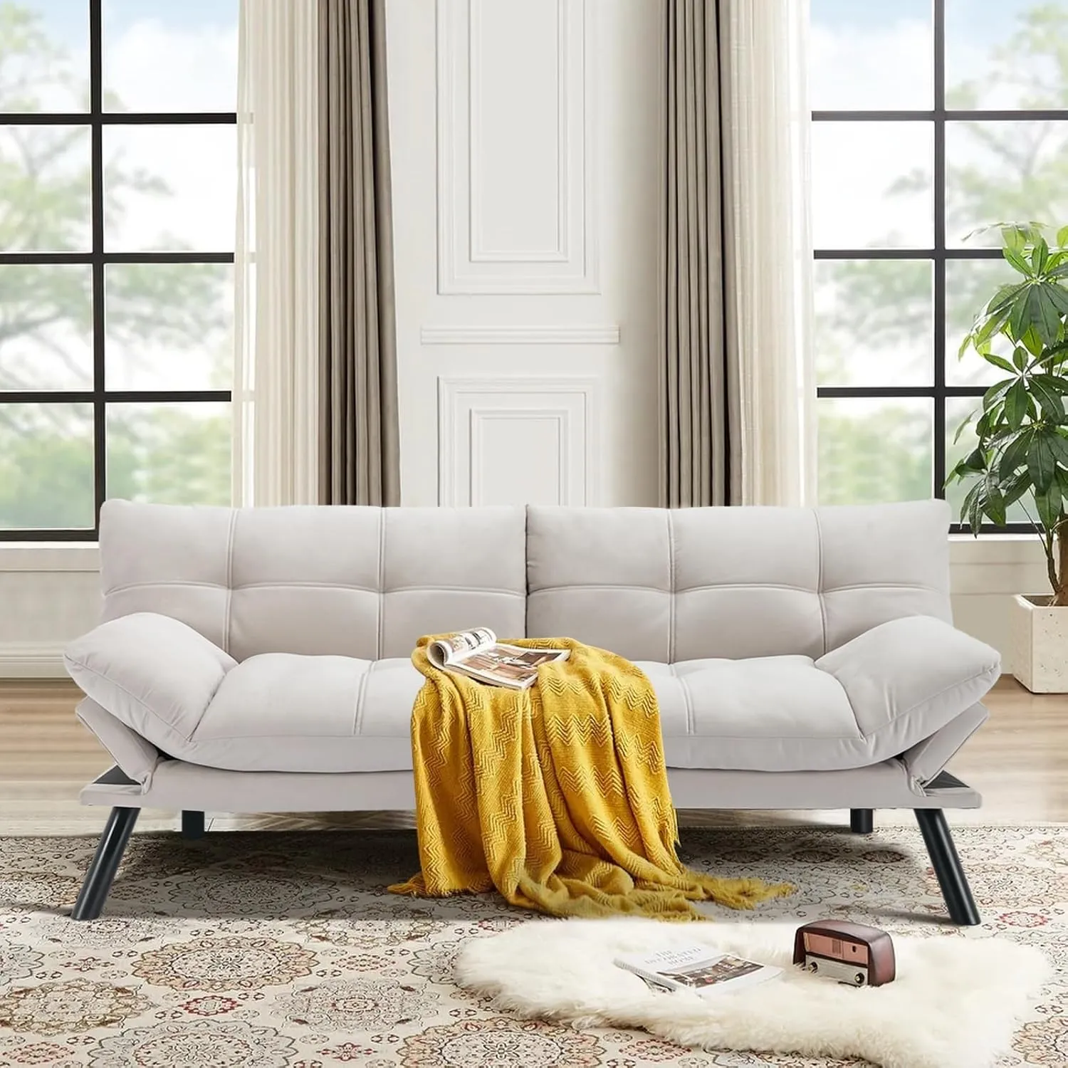 Comfortable Futon Sofa Bed, Memory Foam Loveseat, Convertible Adjustable Sofa Bed CouchSuitable for Office, Home, and Bedroom (White)