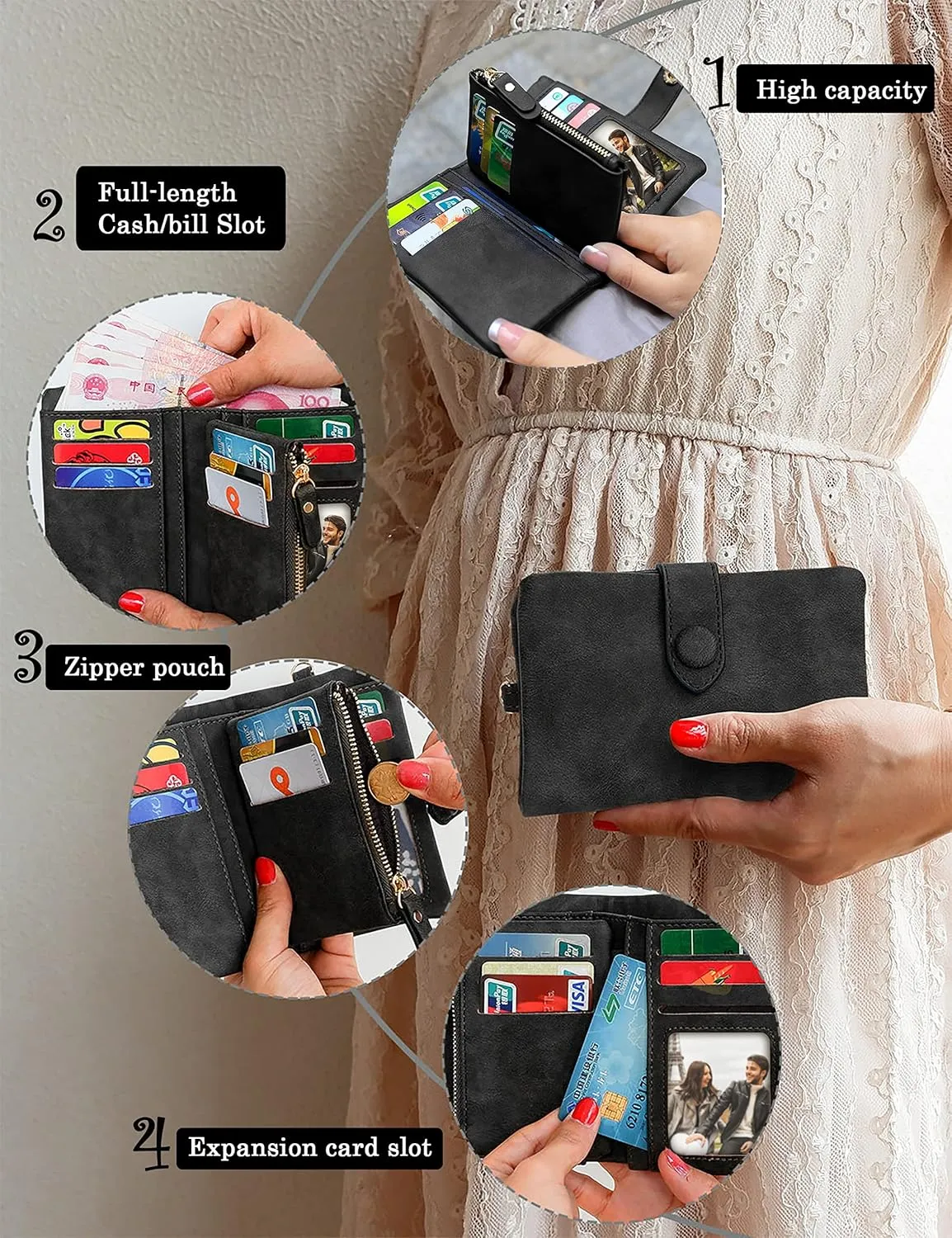 CONISY Small Wristlet Wallets for Women, Leather Bifold RFID Wallet with ID Window Zipper Coin Purse