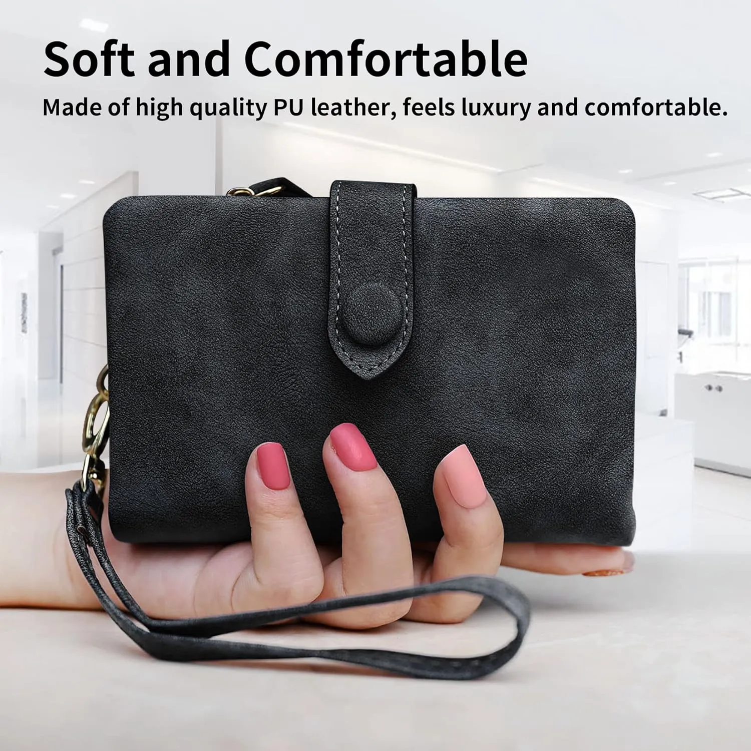 CONISY Small Wristlet Wallets for Women, Leather Bifold RFID Wallet with ID Window Zipper Coin Purse