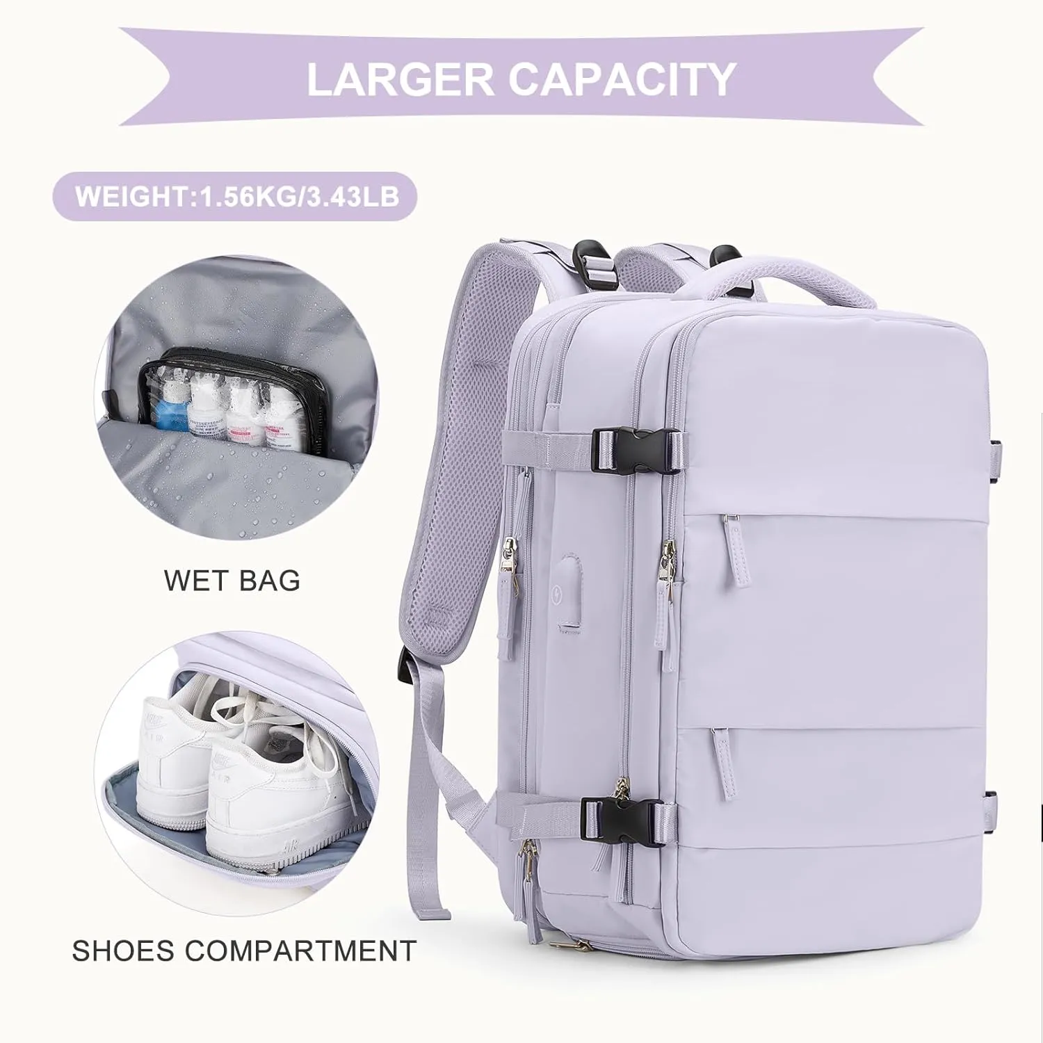 coowoz Large Travel Backpack For Women Men, Carry On Backpack,Hiking Backpack Waterproof Outdoor Sports Rucksack Casual Daypack Expandable Heavy Duty Extra large Backpack Purple Expansion
