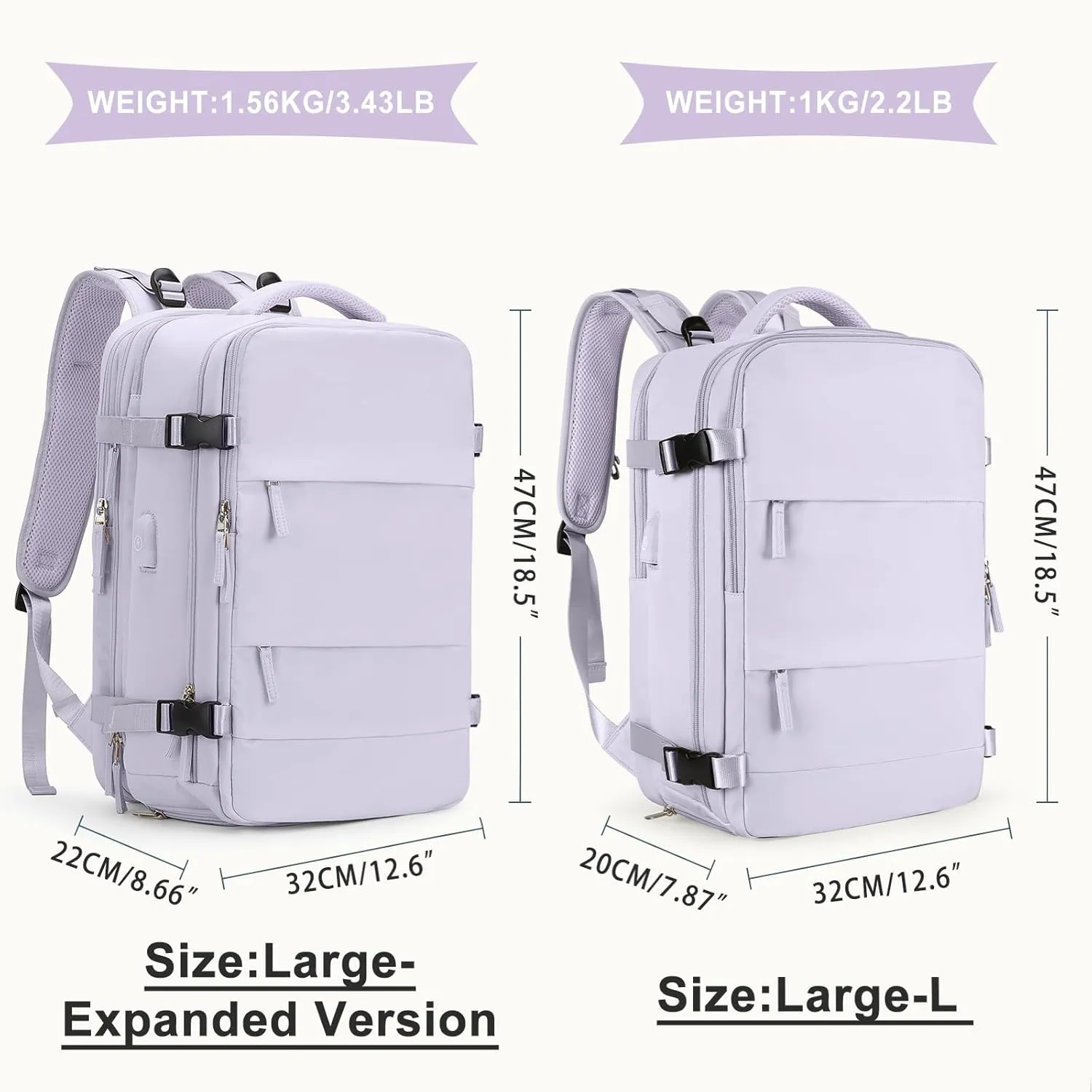 coowoz Large Travel Backpack For Women Men, Carry On Backpack,Hiking Backpack Waterproof Outdoor Sports Rucksack Casual Daypack Expandable Heavy Duty Extra large Backpack Purple Expansion