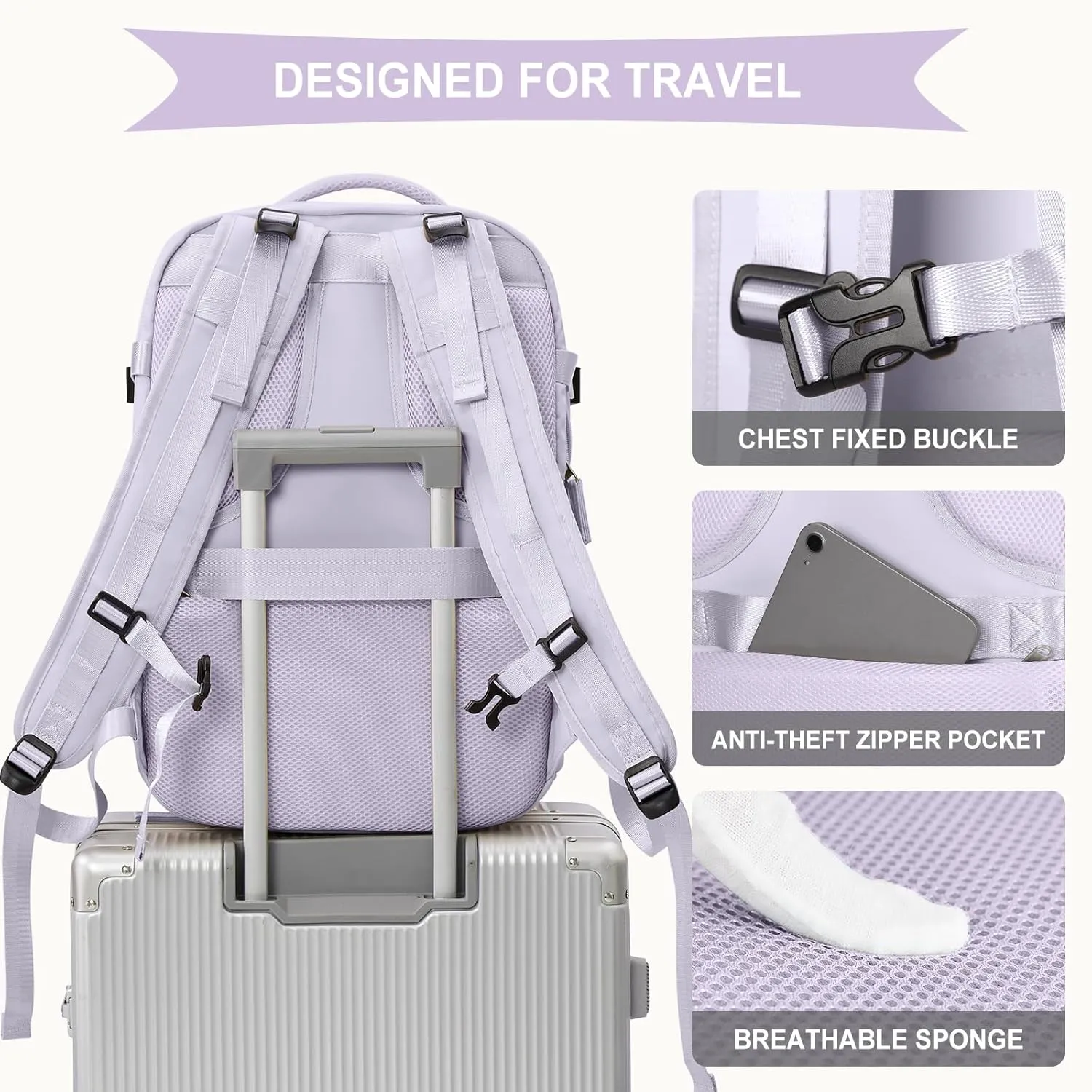 coowoz Large Travel Backpack For Women Men, Carry On Backpack,Hiking Backpack Waterproof Outdoor Sports Rucksack Casual Daypack Expandable Heavy Duty Extra large Backpack Purple Expansion