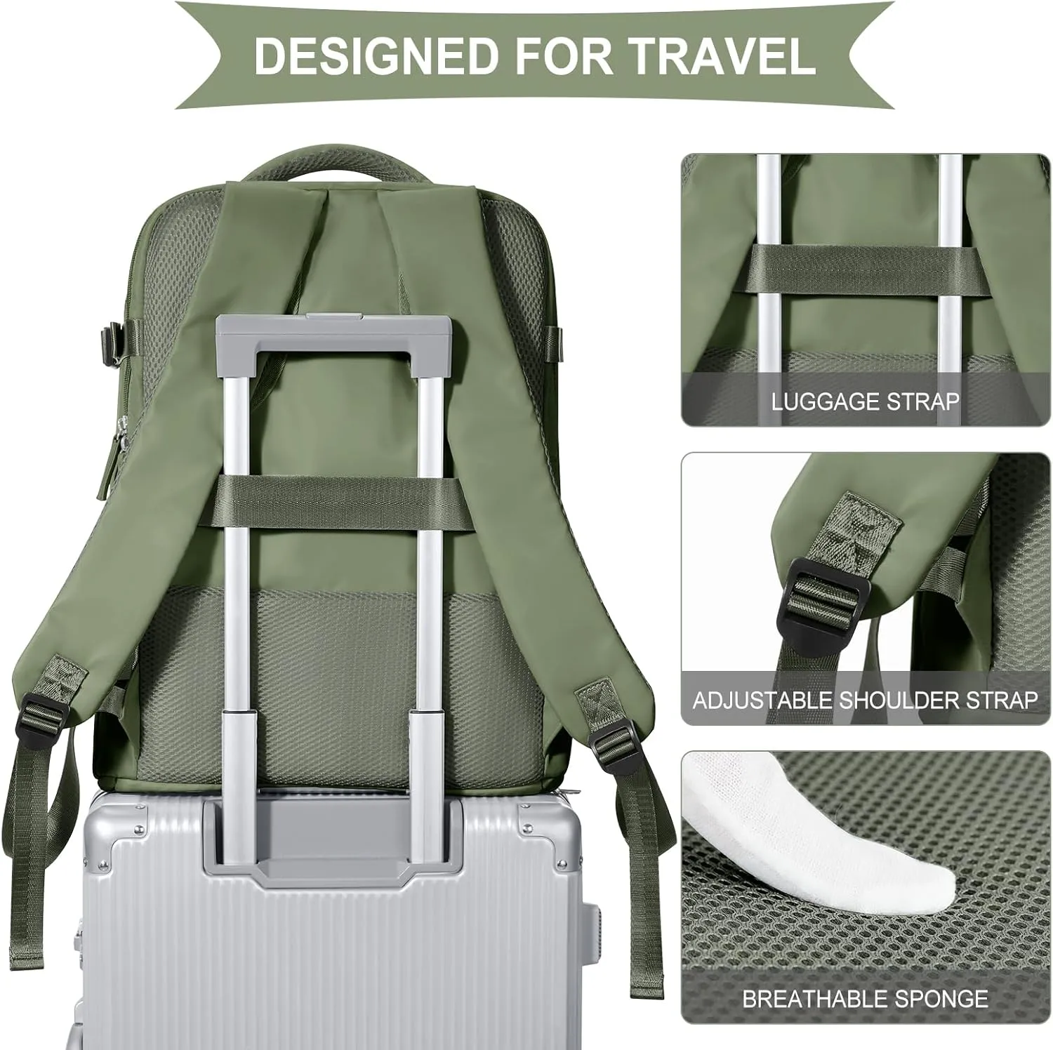 coowoz Large Travel Backpack For Women Men,Carry On Backpack Flight Approved,Hiking Backpacks Waterproof Outdoor Rucksack Casual Daypack Travel Bag Essentials Personal Item Backpack(Gray Green-L)