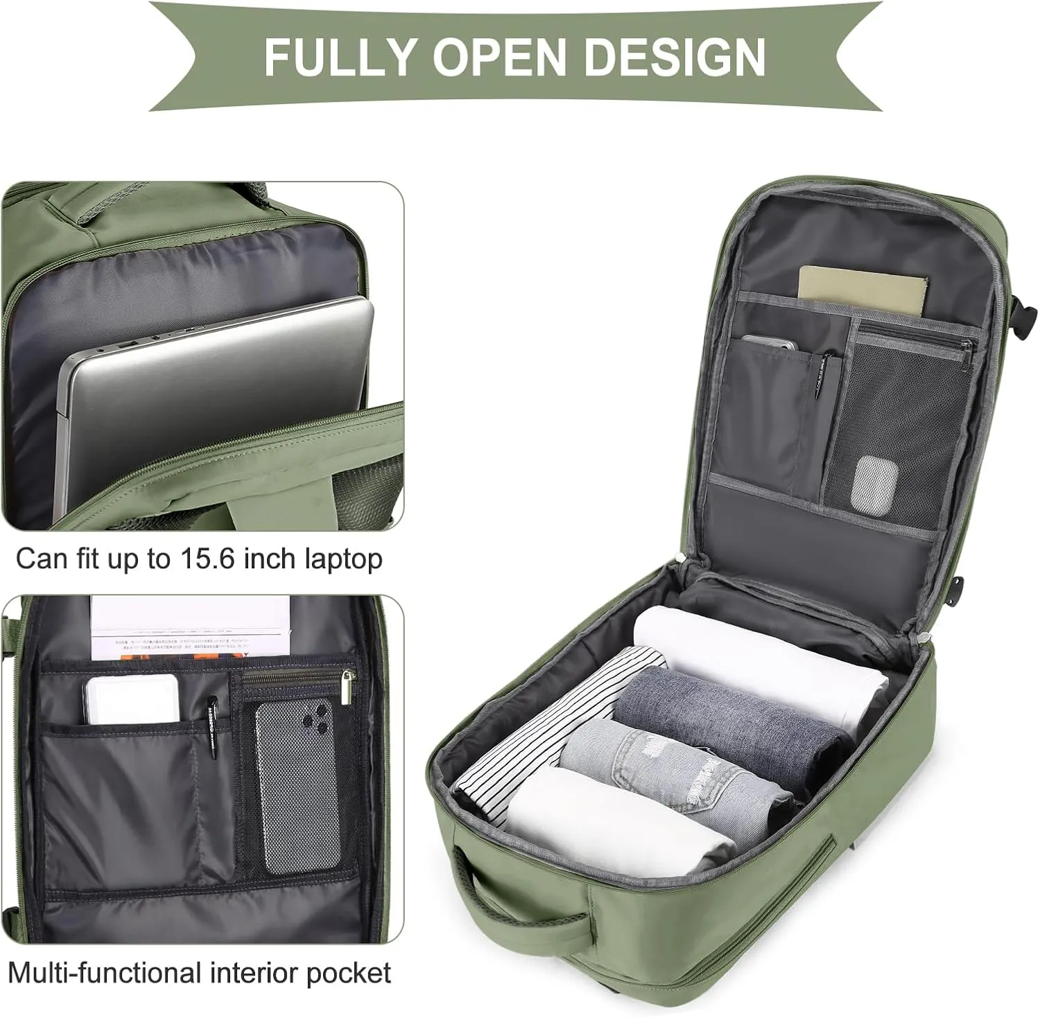 coowoz Large Travel Backpack For Women Men,Carry On Backpack Flight Approved,Hiking Backpacks Waterproof Outdoor Rucksack Casual Daypack Travel Bag Essentials Personal Item Backpack(Gray Green-L)
