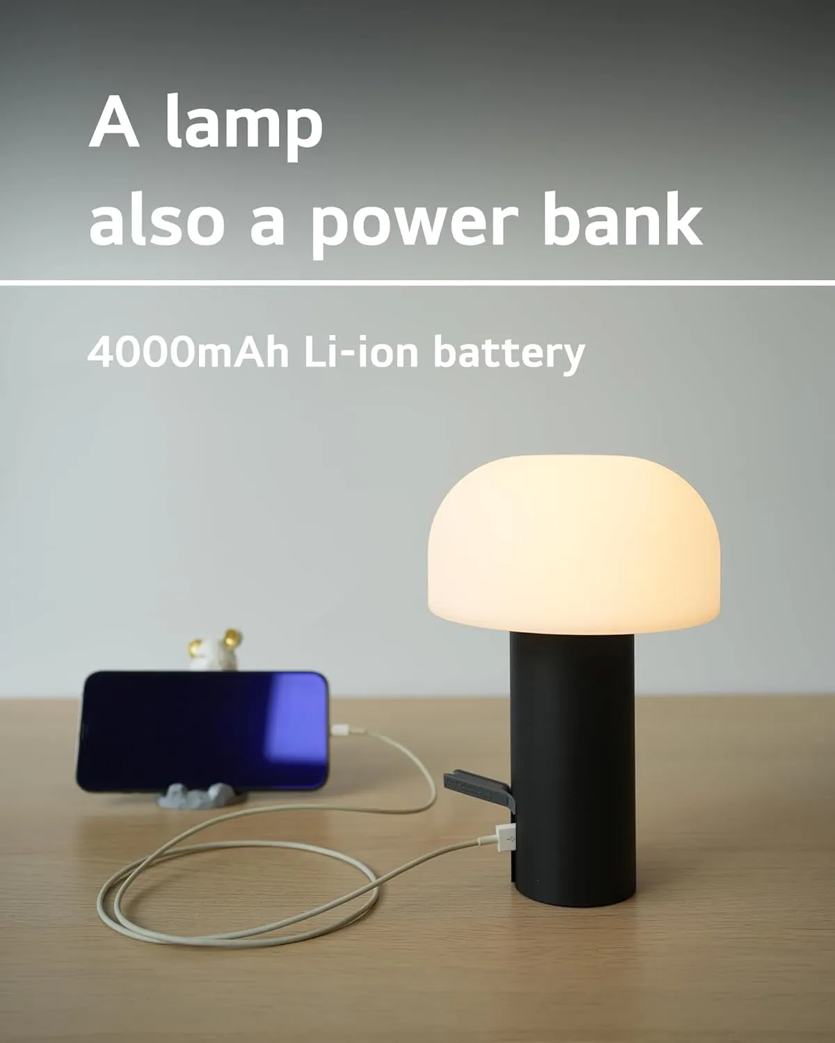 Cordless Mushroom Table Lamp, Waterproof Shower Lamp, Battery Operated Table Lamp Rechargeable, Touch Dimmable Night Light for Bedroom/Patio/Camping/Dinning/Outdoor (Black)