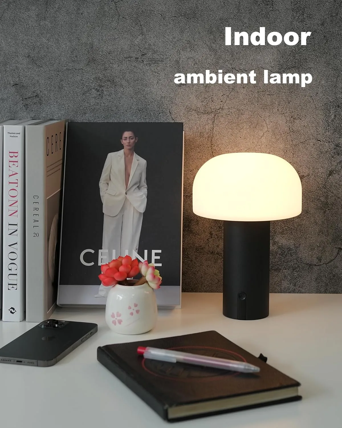 Cordless Mushroom Table Lamp, Waterproof Shower Lamp, Battery Operated Table Lamp Rechargeable, Touch Dimmable Night Light for Bedroom/Patio/Camping/Dinning/Outdoor (Black)