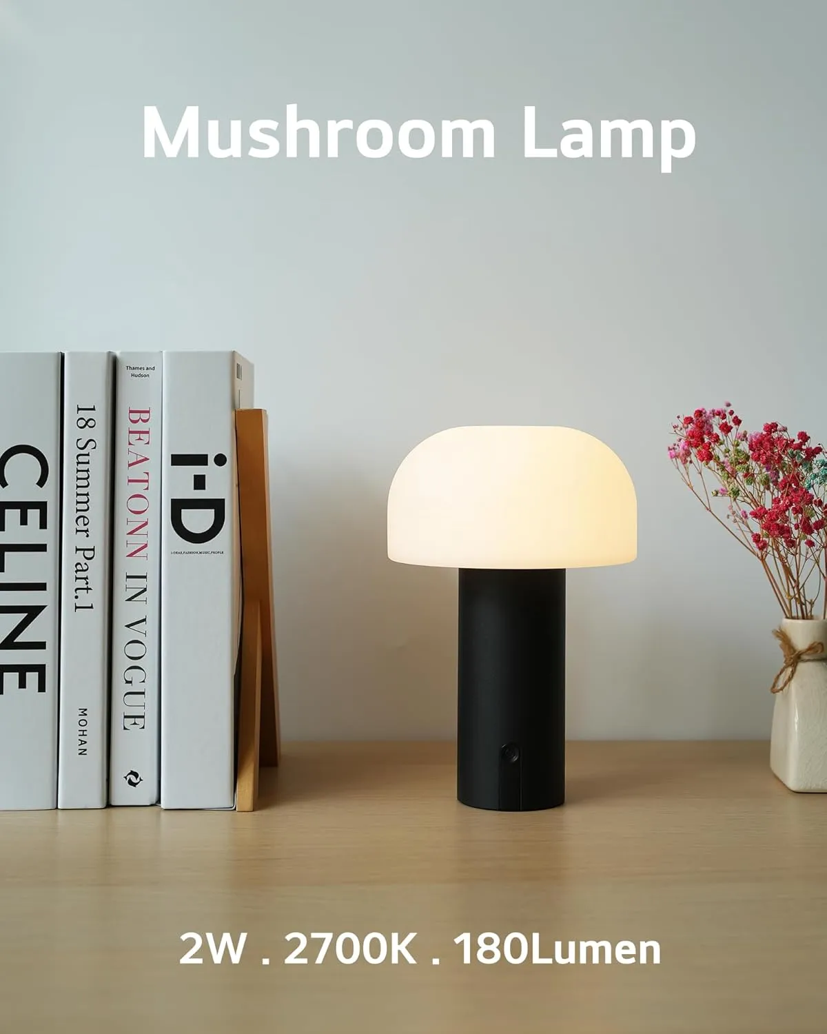 Cordless Mushroom Table Lamp, Waterproof Shower Lamp, Battery Operated Table Lamp Rechargeable, Touch Dimmable Night Light for Bedroom/Patio/Camping/Dinning/Outdoor (Black)