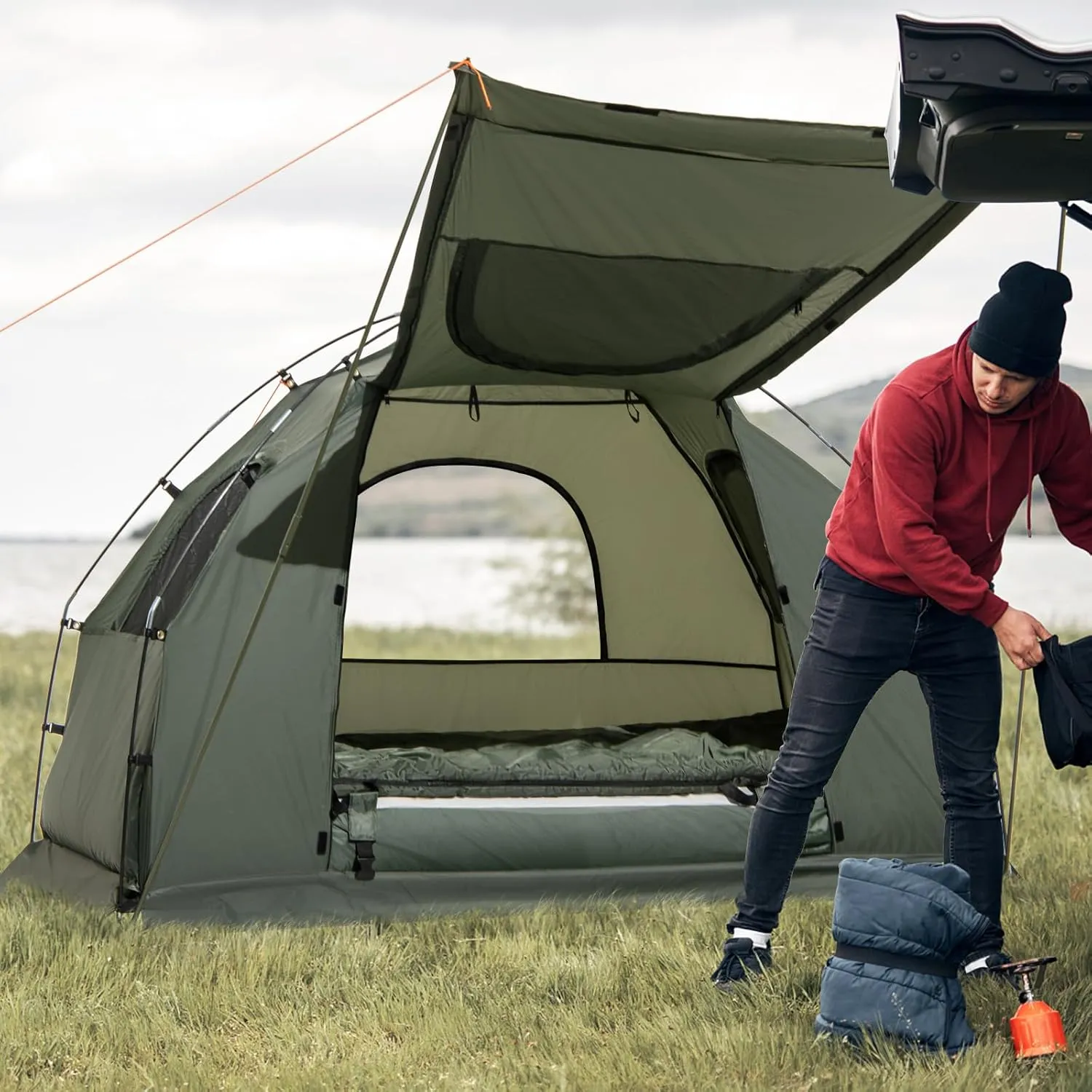 Cot Tent, 5-in-1 Elevated Camping Cot Combo with Air Mattress & Pillow, Sleeping Bag, Outdoor Single Camping Bed for Adults, Portable Tent Cots for Camping, Hiking, Backpack Travel