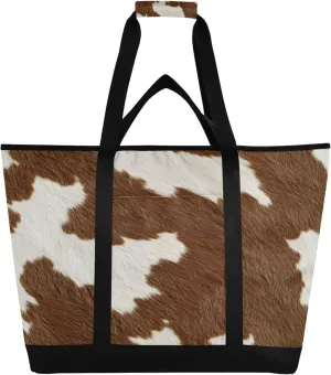 Cow Print Reusable Insulated Cooler Bag with Ice Pack Compartment - Large 47L Waterproof Thermal Grocery Tote for Picnic Beach Camping Lunch Storage