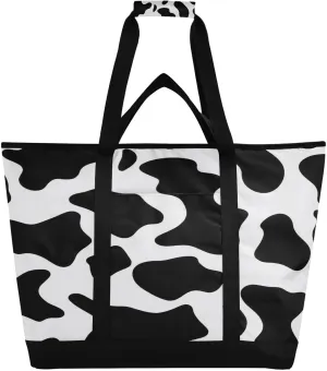 Cow Style Black White Reusable Insulated Lunchbox Cooler Bag, Leakproof Kitchen Grocery Bag Collapsible Portable Cooler Tote Bag for Picnic, Camping, Office, Travel