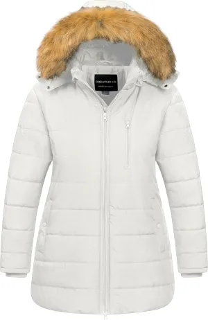 CREATMO US Women's Plus Size Winter Coats Long Puffer Jacket Fleece Lined Parka Removable Fur Hood Available in 1X To 5X