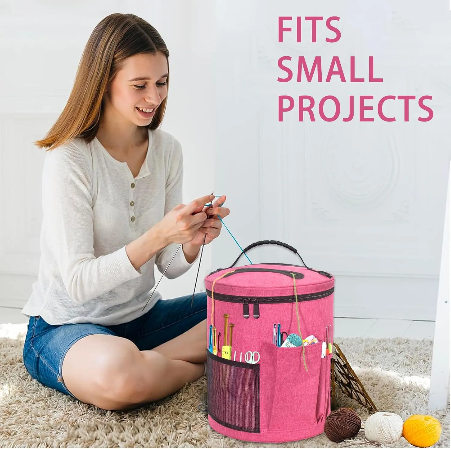 Crochet Bag Organizer, Large Yarn Storage Organizer - Yarn Bag and Crochet Tote, Yarn Holder for Crocheting, Crochet Accessories, 4 Yarn Eyelets Needles with Zipper Closure-Ideal Gift (Pink)