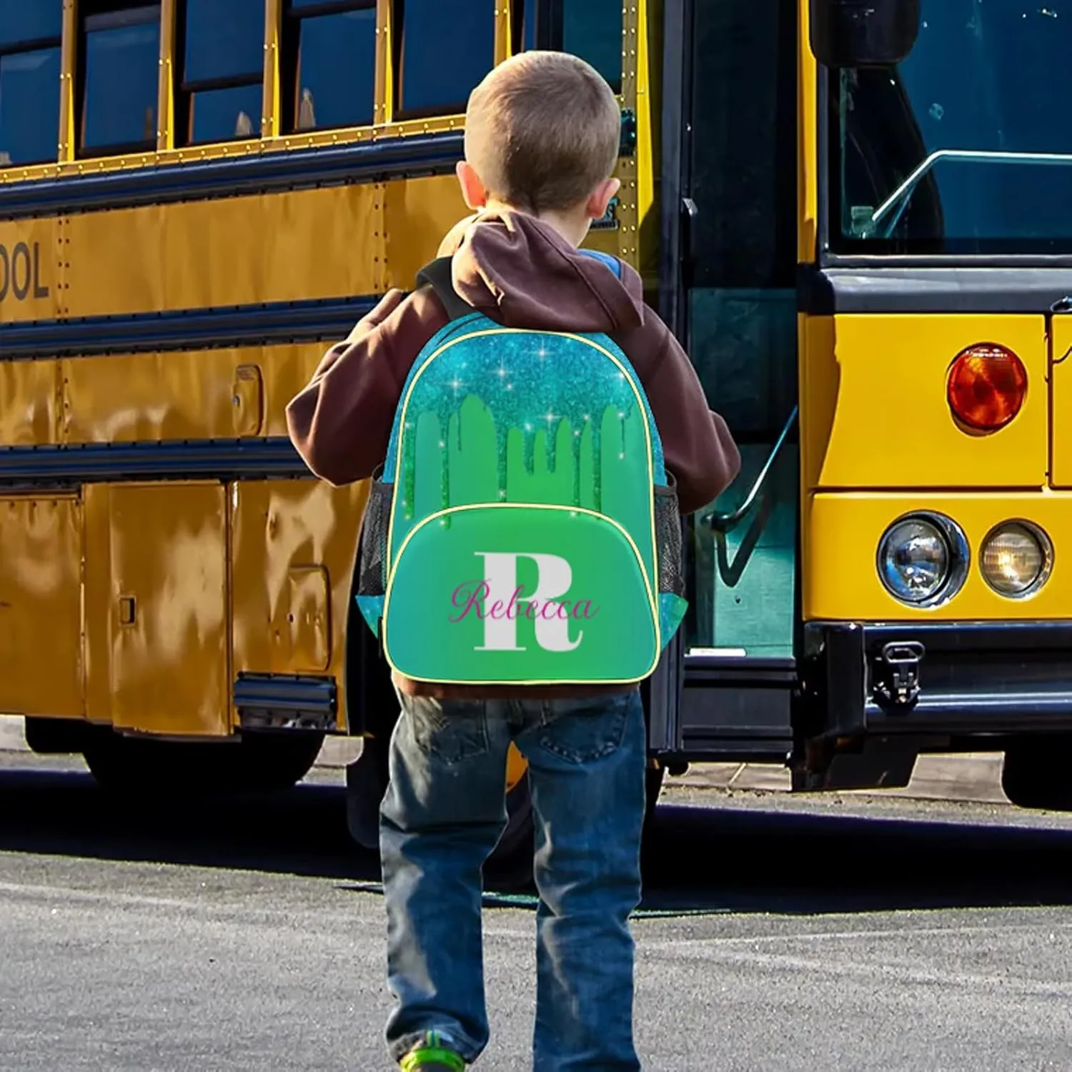 Custom Backpack with Initial & Name Personalized Small Shoulder Bag Waterproof Travel Casual Backpack with Chest Strap 14.2in, Blue Green