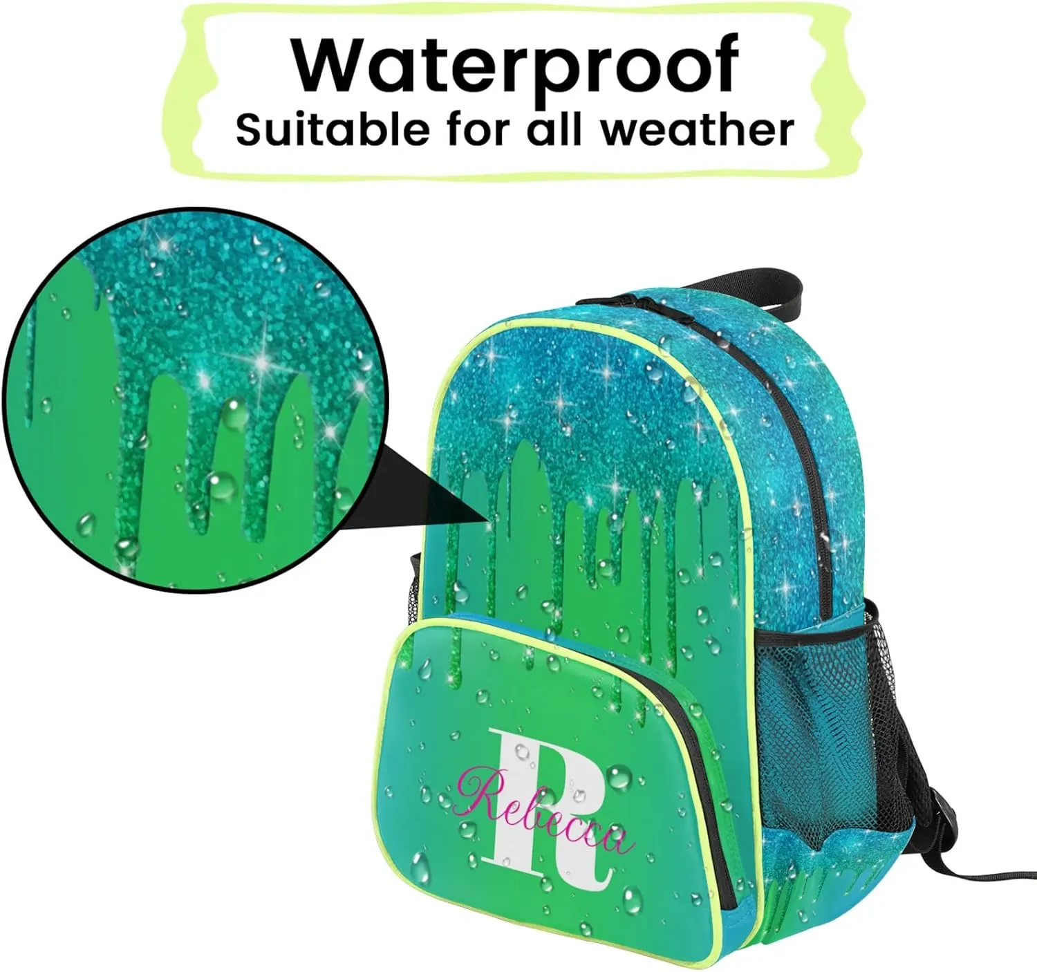 Custom Backpack with Initial & Name Personalized Small Shoulder Bag Waterproof Travel Casual Backpack with Chest Strap 14.2in, Blue Green