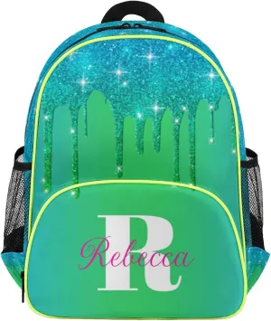 Custom Backpack with Initial & Name Personalized Small Shoulder Bag Waterproof Travel Casual Backpack with Chest Strap 14.2in, Blue Green