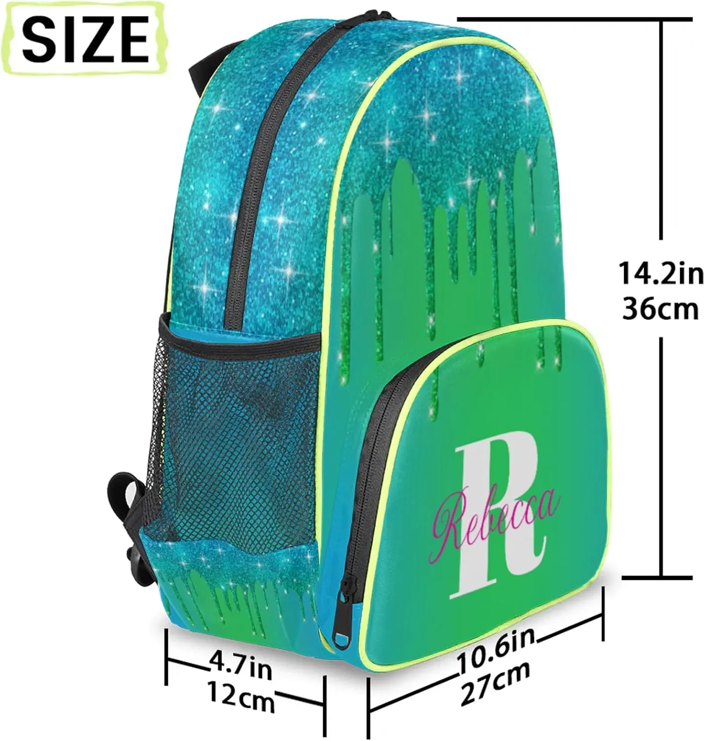 Custom Backpack with Initial & Name Personalized Small Shoulder Bag Waterproof Travel Casual Backpack with Chest Strap 14.2in, Blue Green