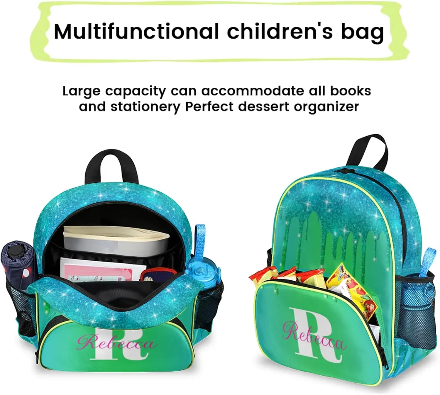 Custom Backpack with Initial & Name Personalized Small Shoulder Bag Waterproof Travel Casual Backpack with Chest Strap 14.2in, Blue Green