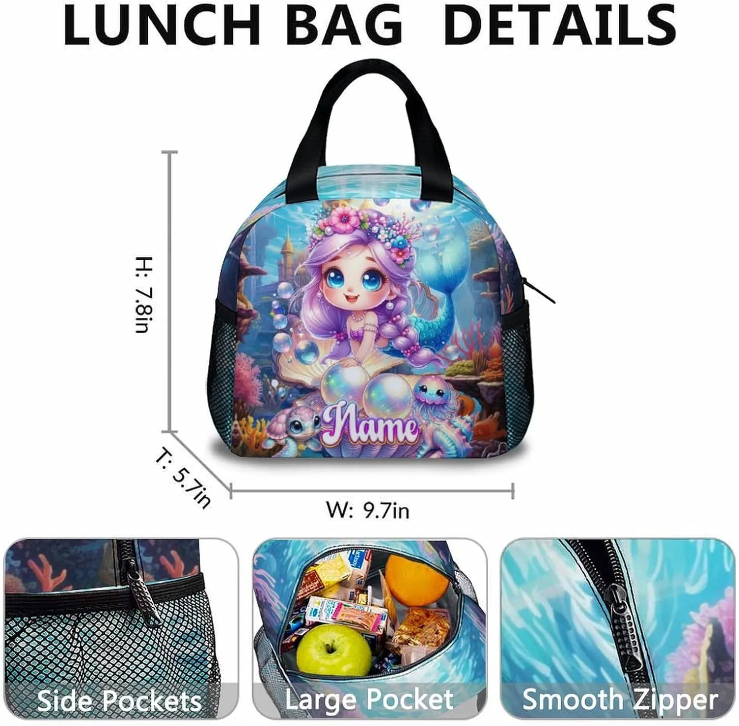 Custom Kids Backpack for Girls, Personalized Set of 3 Mermaid School Backpacks Matching Combo for Travel Hiking, Lightweight Schoolbag with Lunch Box Bundle for Students Children Age 5-7