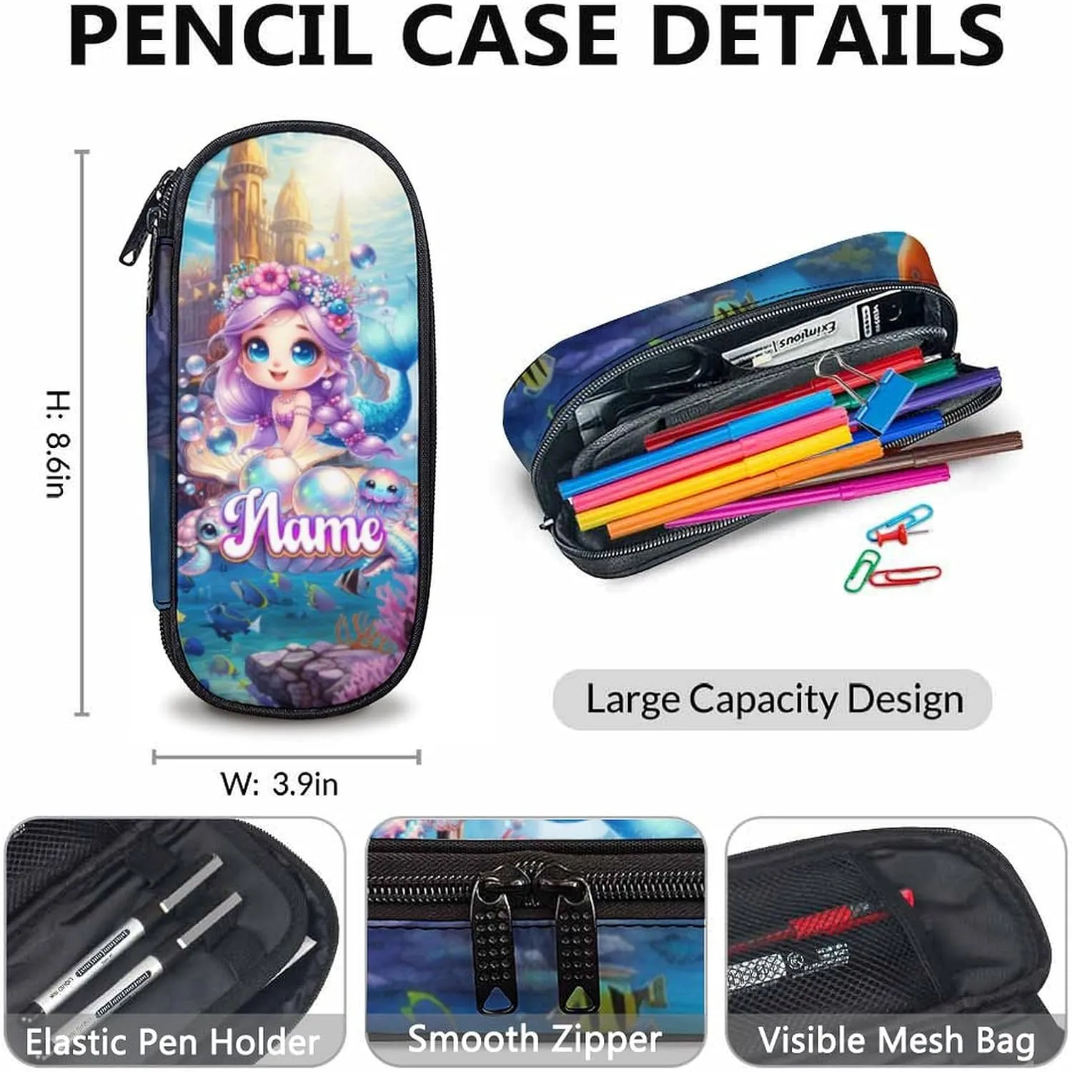 Custom Kids Backpack for Girls, Personalized Set of 3 Mermaid School Backpacks Matching Combo for Travel Hiking, Lightweight Schoolbag with Lunch Box Bundle for Students Children Age 5-7