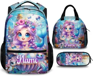 Custom Kids Backpack for Girls, Personalized Set of 3 Mermaid School Backpacks Matching Combo for Travel Hiking, Lightweight Schoolbag with Lunch Box Bundle for Students Children Age 5-7