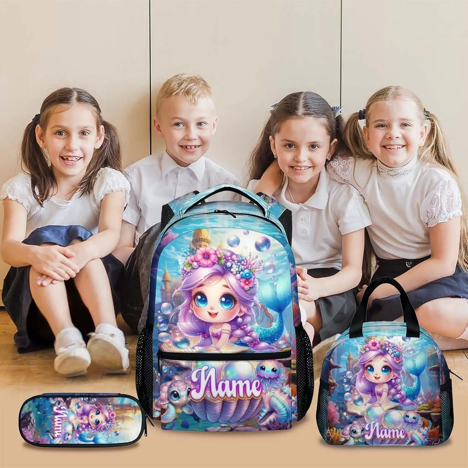 Custom Kids Backpack for Girls, Personalized Set of 3 Mermaid School Backpacks Matching Combo for Travel Hiking, Lightweight Schoolbag with Lunch Box Bundle for Students Children Age 5-7