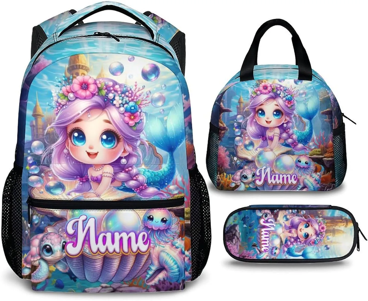 Custom Kids Backpack for Girls, Personalized Set of 3 Mermaid School Backpacks Matching Combo for Travel Hiking, Lightweight Schoolbag with Lunch Box Bundle for Students Children Age 5-7