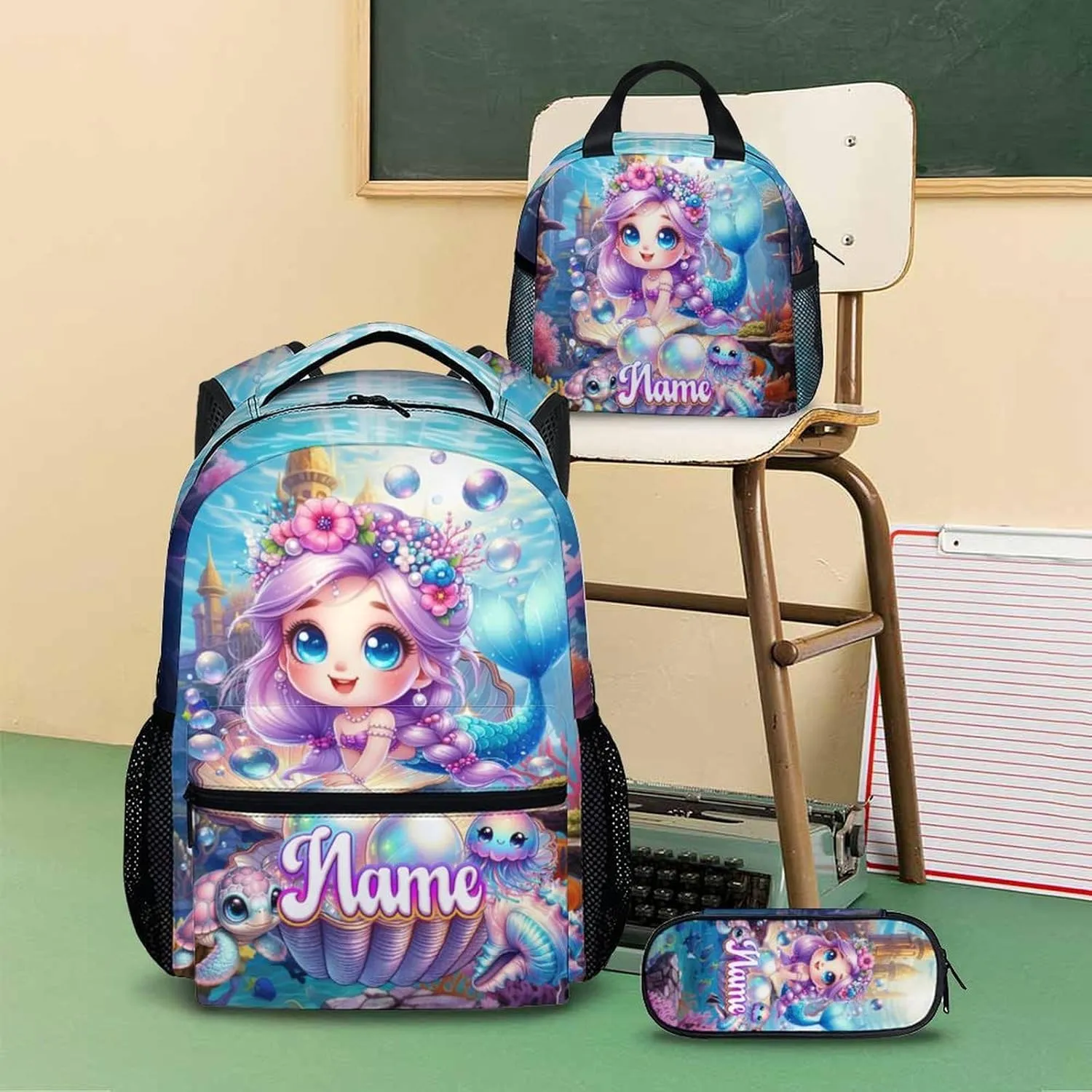 Custom Kids Backpack for Girls, Personalized Set of 3 Mermaid School Backpacks Matching Combo for Travel Hiking, Lightweight Schoolbag with Lunch Box Bundle for Students Children Age 5-7