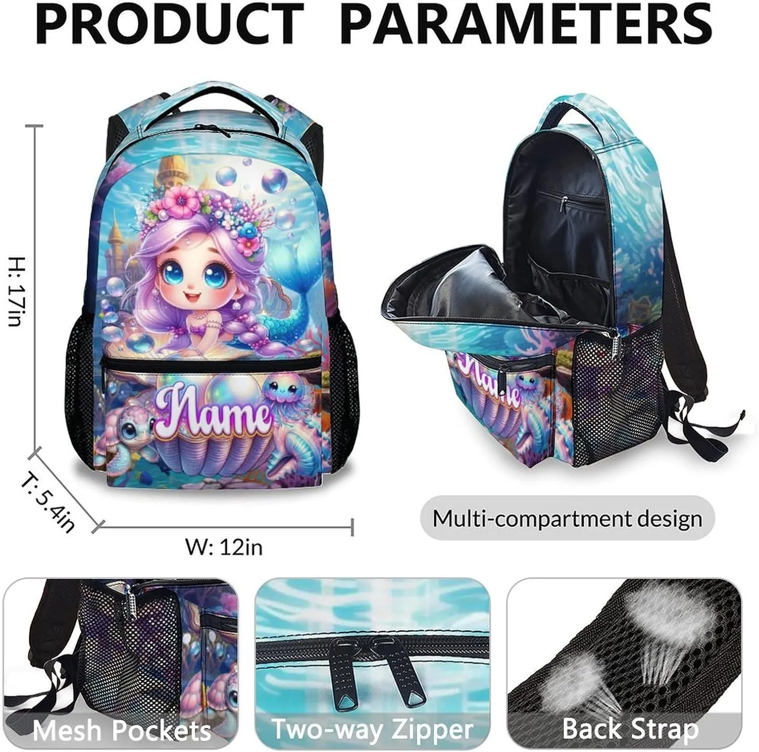 Custom Kids Backpack for Girls, Personalized Set of 3 Mermaid School Backpacks Matching Combo for Travel Hiking, Lightweight Schoolbag with Lunch Box Bundle for Students Children Age 5-7