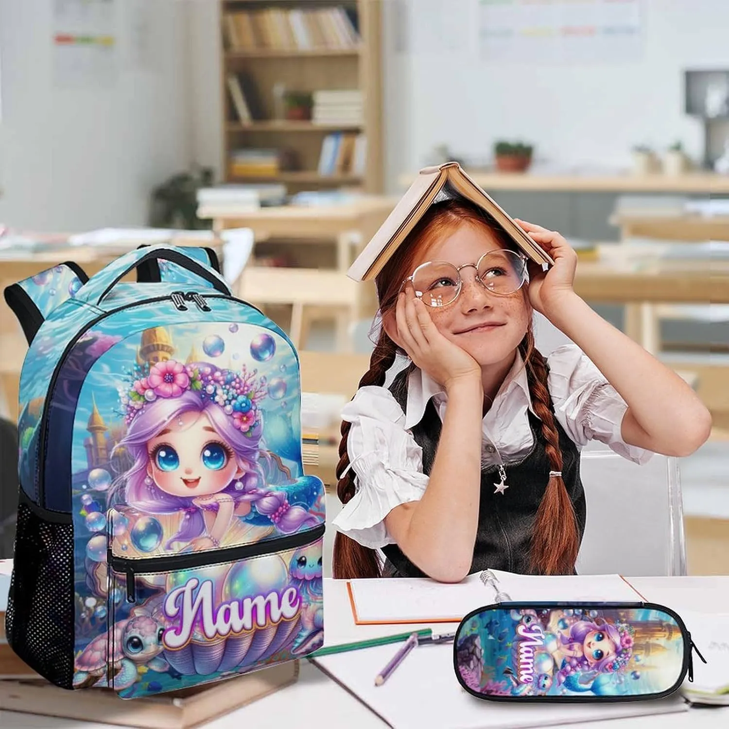 Custom Kids Backpack for Girls, Personalized Set of 3 Mermaid School Backpacks Matching Combo for Travel Hiking, Lightweight Schoolbag with Lunch Box Bundle for Students Children Age 5-7
