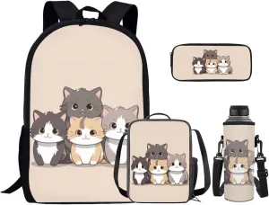 Cute Cat Bookbags for 7Th Grade Girls Backpack and Lunch Box Set Water Bottle Sleeve Pencil Case Zipper 4-In-1 School Supplies for Teen Girls Kids Students Back To School