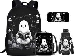 Cute Ghost 6Th Grade Backpack for Boys 17 Inch Backpack and Lunch Bag Pencil Case Water Bottle Sleeve Set for Girls Ideal for Students Go To School Extracurricular Activities