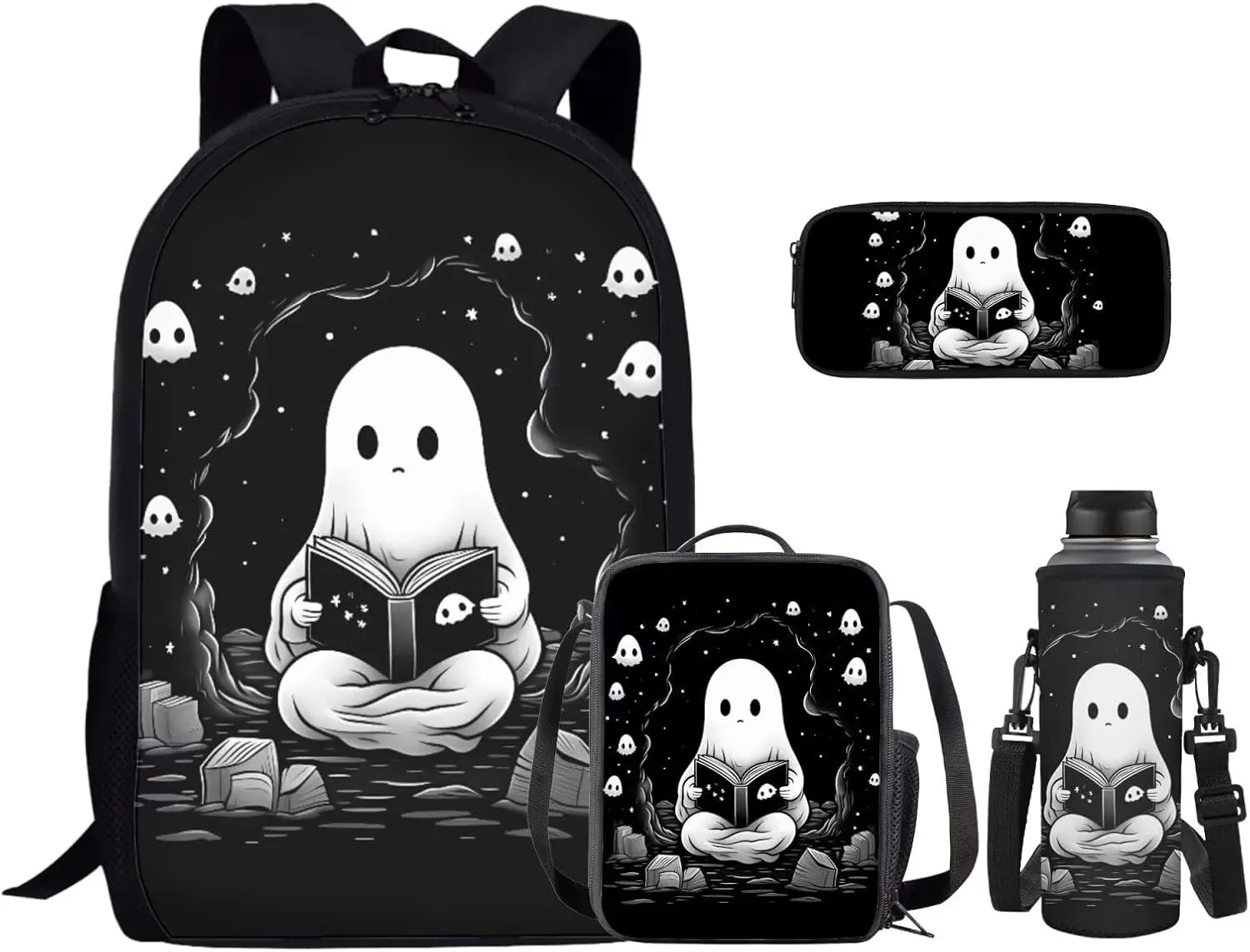Cute Ghost 6Th Grade Backpack for Boys 17 Inch Backpack and Lunch Bag Pencil Case Water Bottle Sleeve Set for Girls Ideal for Students Go To School Extracurricular Activities