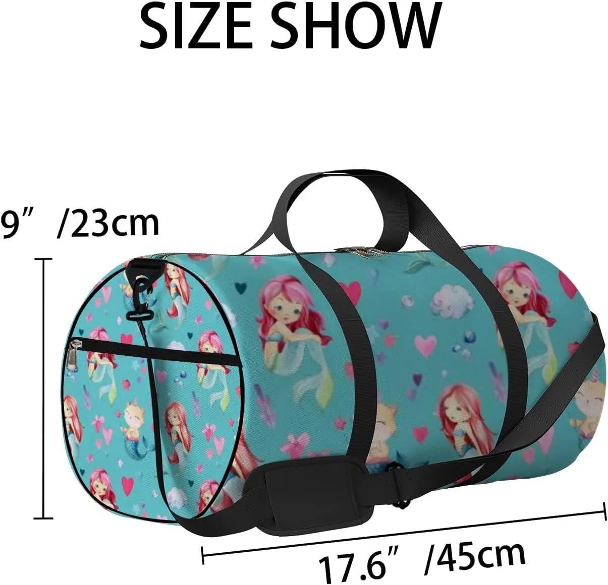 Cute Green Baby Mermaids Cat Sports Bag Tote Bag Waterproof Gym Bag with Shoulder Strap Zipper 2 Side Pockets for Men and Women, Travel and Storage Shoulder Bag.