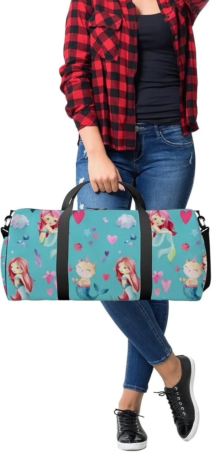 Cute Green Baby Mermaids Cat Sports Bag Tote Bag Waterproof Gym Bag with Shoulder Strap Zipper 2 Side Pockets for Men and Women, Travel and Storage Shoulder Bag.
