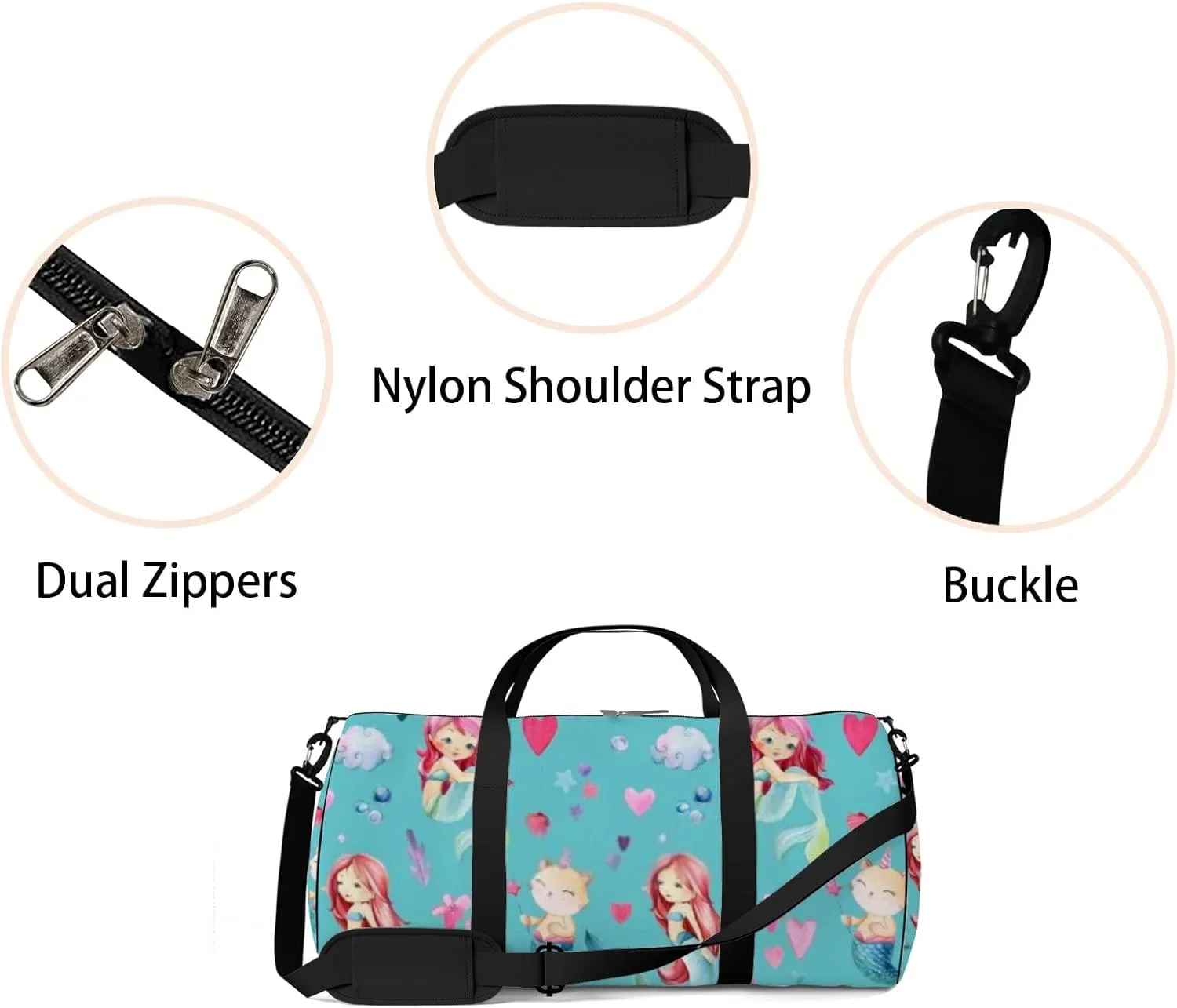Cute Green Baby Mermaids Cat Sports Bag Tote Bag Waterproof Gym Bag with Shoulder Strap Zipper 2 Side Pockets for Men and Women, Travel and Storage Shoulder Bag.