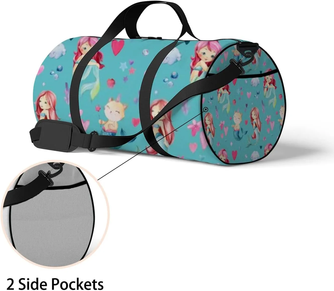 Cute Green Baby Mermaids Cat Sports Bag Tote Bag Waterproof Gym Bag with Shoulder Strap Zipper 2 Side Pockets for Men and Women, Travel and Storage Shoulder Bag.
