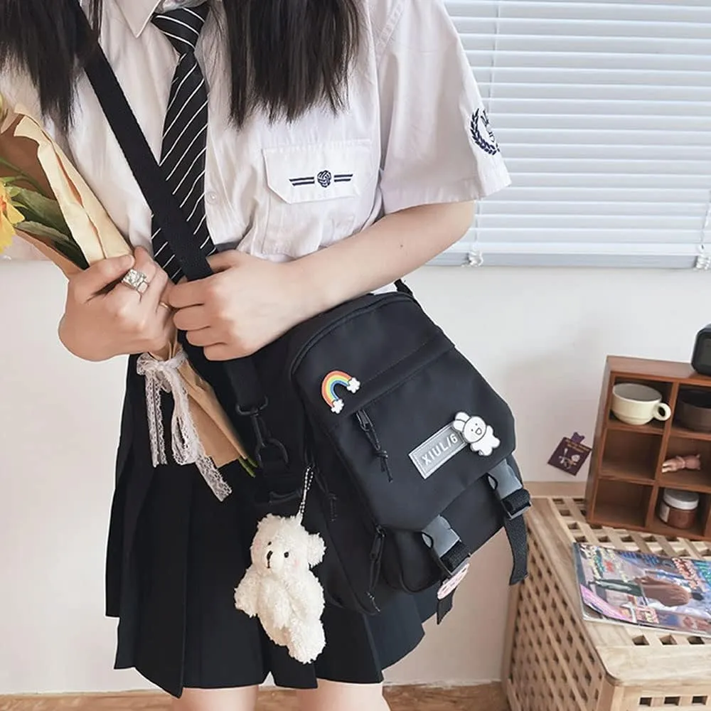 Cute Mini Backpack with Kawaii Cow Pendant, 10.5x9x5 inch, Black