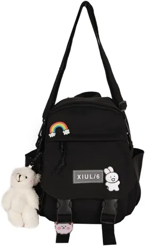 Cute Mini Backpack with Kawaii Cow Pendant, 10.5x9x5 inch, Black