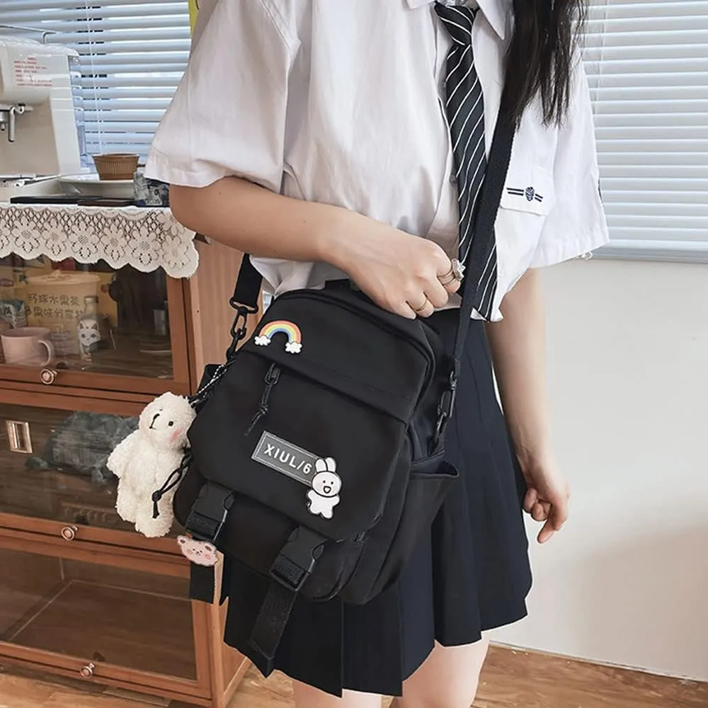 Cute Mini Backpack with Kawaii Cow Pendant, 10.5x9x5 inch, Black