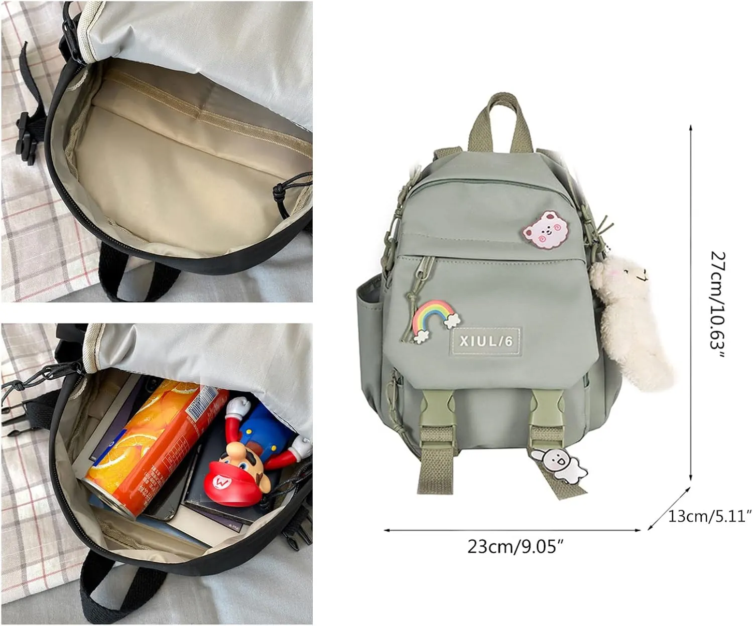 Cute Mini Backpack with Kawaii Cow Pendant, 10.5x9x5 inch, Black