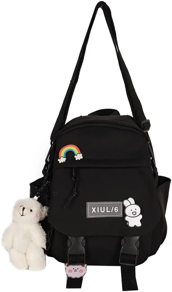Cute Mini Backpack with Kawaii Cow Pendant, 10.5x9x5 inch, Black