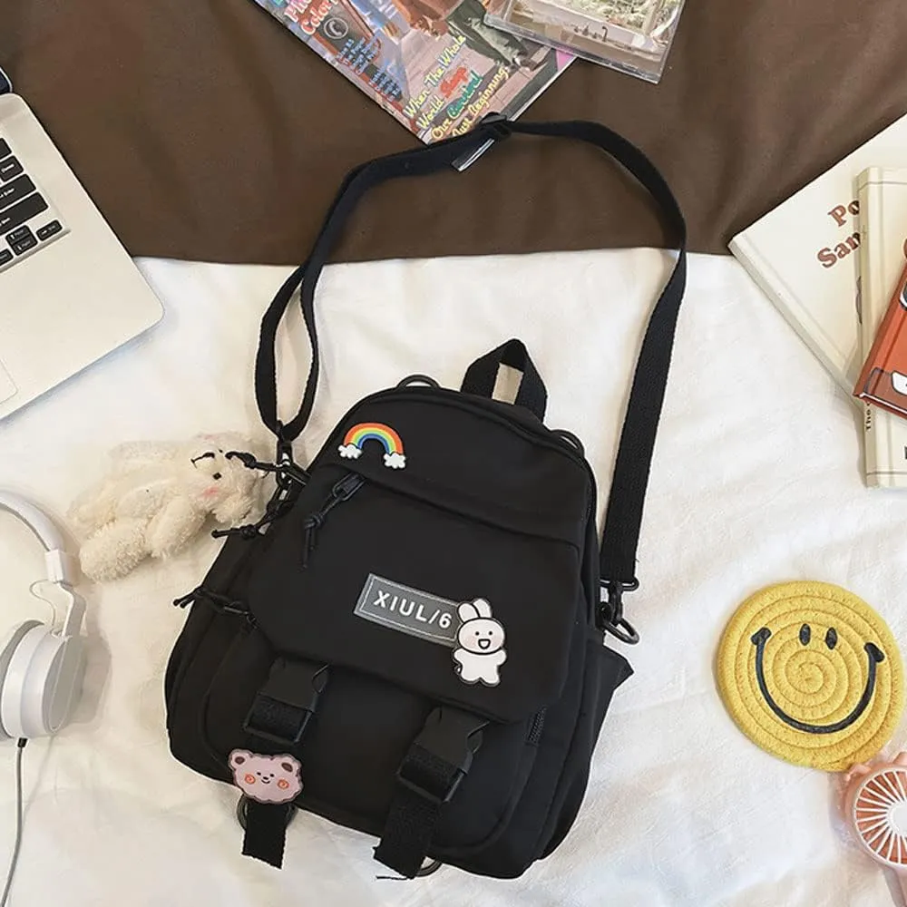 Cute Mini Backpack with Kawaii Cow Pendant, 10.5x9x5 inch, Black