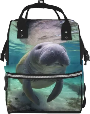 Cute Sea Animal Manatee Diaper Bag Essentials Travel Tote Nappy Backpack Large Capacity Mummy Backpack Multifunction Waterproof Teacher Nurse Bag 15.7 inch Work laptop Bags