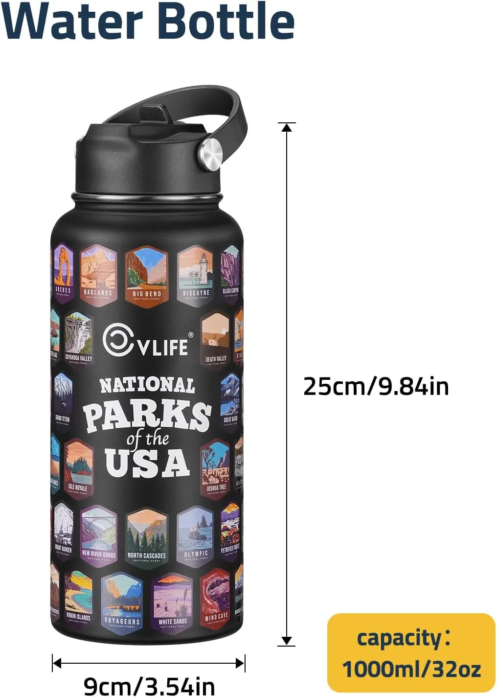 CVLIFE National Park Water Bottle with 63 Waterproof Park Stickers, 32 Ounces Leakproof Insulated Water Bottle, 304 Stainless Steel, for Hikers (Black)